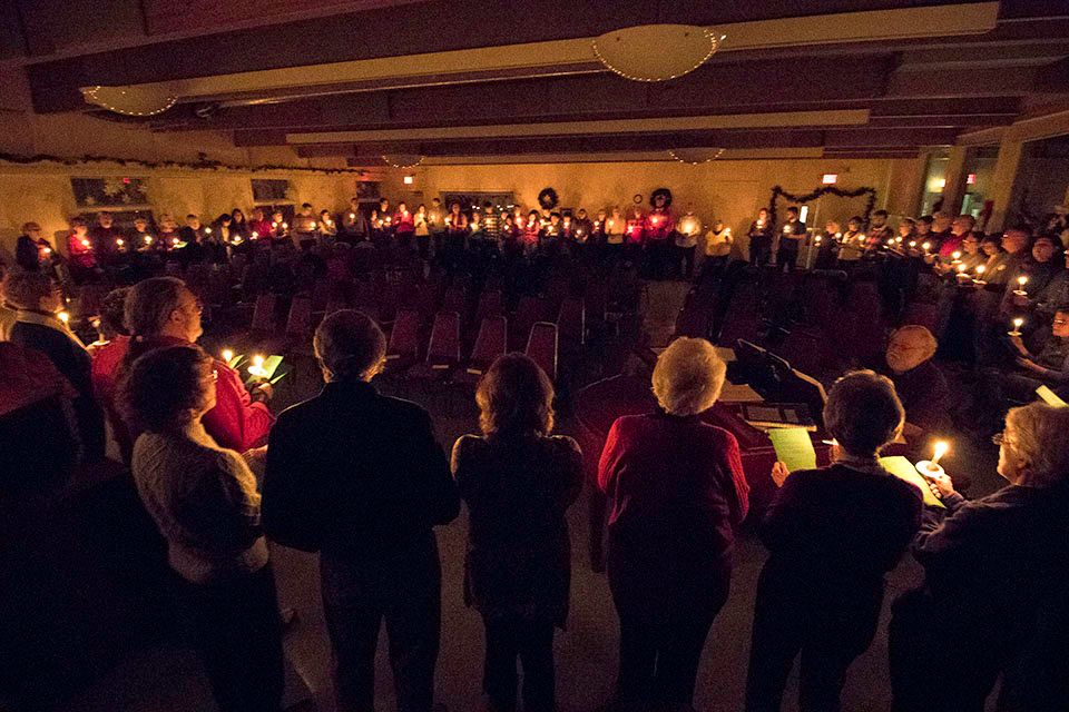 The sanctuary by candlelight at the Christmas Eve service