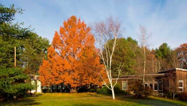 The church exterior in fall, with paved walkways leading up to the entrances from the parking lot.
