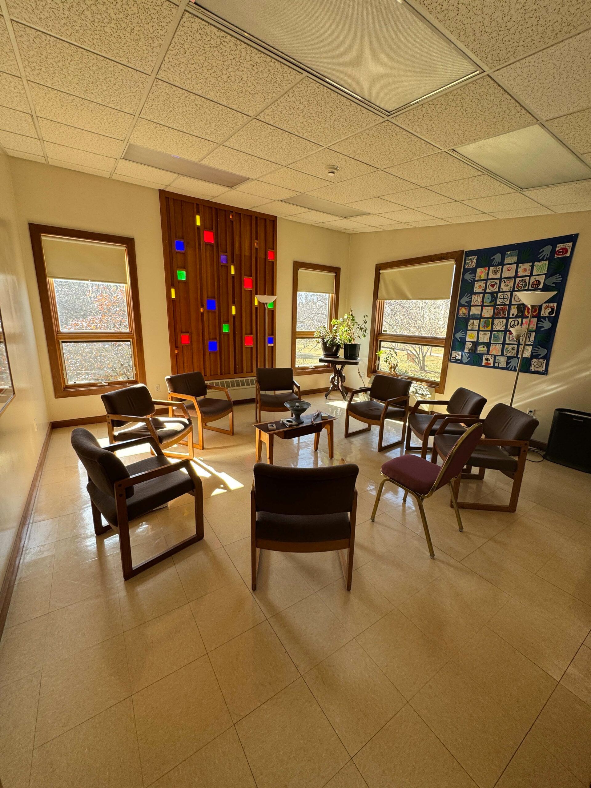 The Memorial Room, with its stained-glass wall