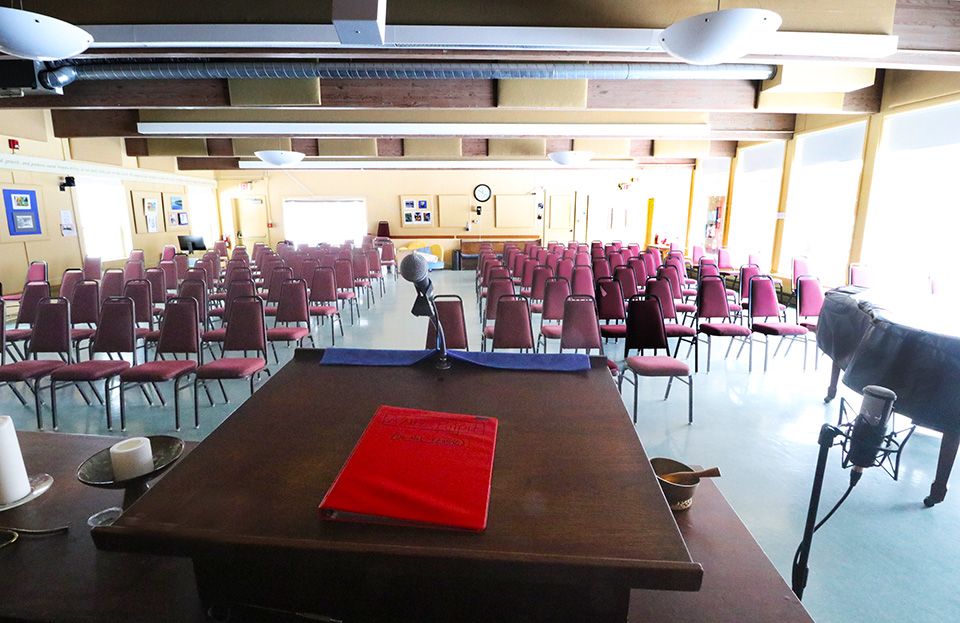The A2U2 sanctuary from the pulpit, with chairs set for Sunday worship