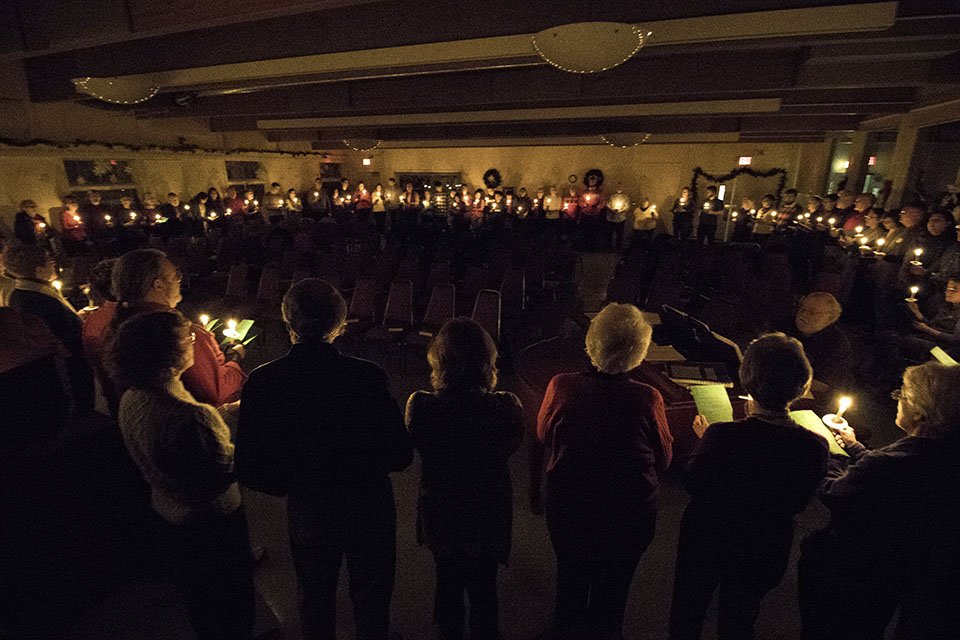 The sanctuary by candlelight at the Christmas Eve service