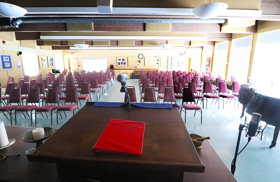 The A2U2 sanctuary from the pulpit, with chairs set for Sunday worship